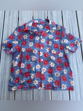 Bode Blue Floral Button-Up Shirt with Red & Cream Flowers XS/S